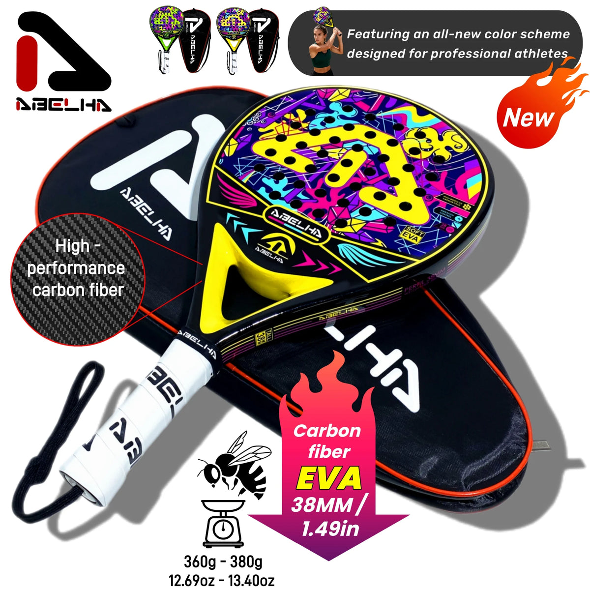 ABELHA 2026 Padel Racket Carbon Fiber Surface with EVA Memory Flex Foam Core Padel Tennis Racquets Lightweight