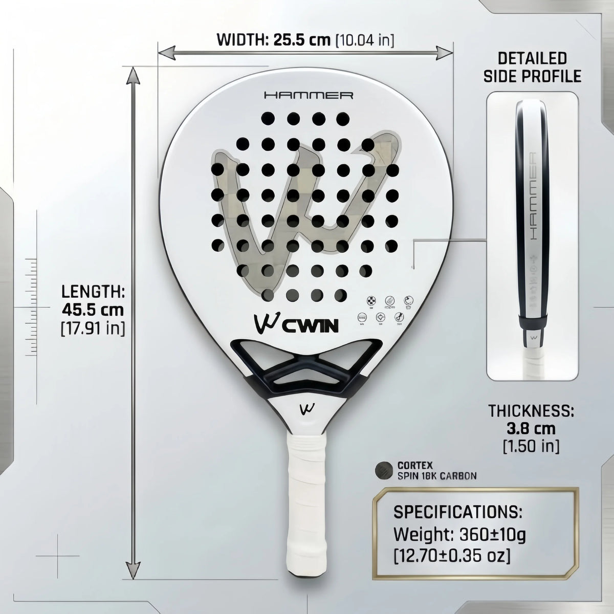 CWIN 18K Carbon Fiber Padel Racket Soft EVA Core Lightweight Paddle