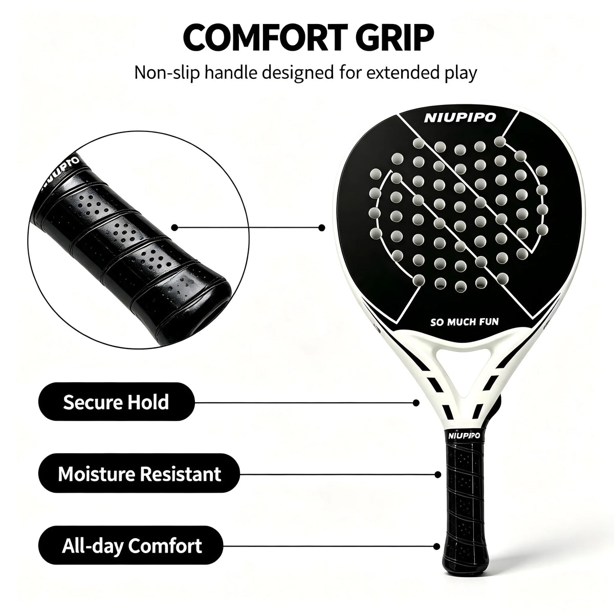 New Arrival NIUPIPO Black White Padel Tennis Racket Shock Absorbing Anti-vibration Paddle Racket Durable Frame for Outdoor Court