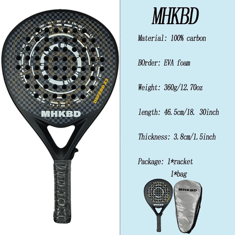 MHKBD Carbon Fiber Padel Racket Shock Absorption Arm Friendly High Performance with Carry Bag 2026
