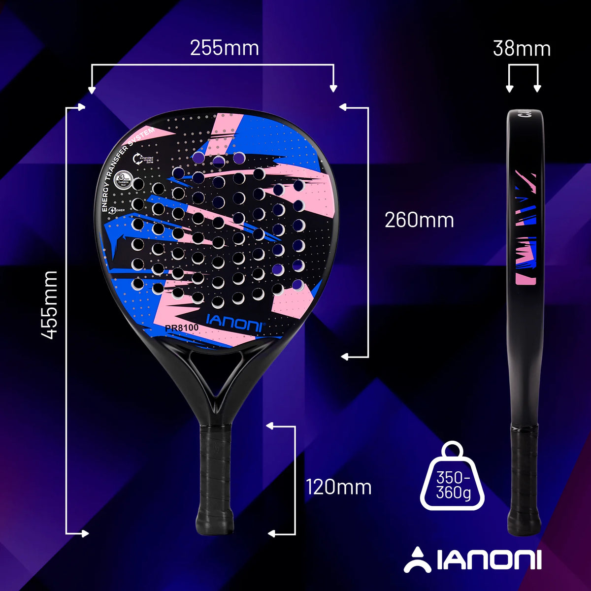 IANONI 8100 BLUE Padel Racket Carbon Fiber Surface with EVA Memory Flex Foam Core Lightweight Padel Racquet